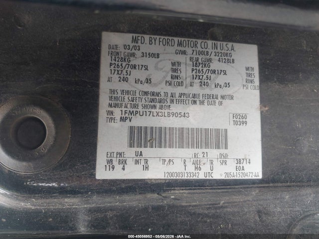 45056952 :رقم المزاد ، 1FMPU17LX3LB90543 vin ، 2003 Ford Expedition Eddie Bauer مزاد بيع