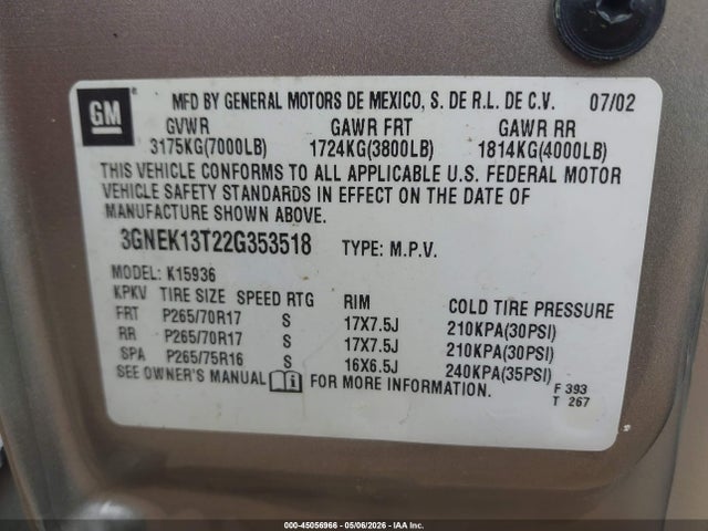 2002 Chevrolet Avalanche 1500 მანქანა იყიდება აუქციონზე, vin: 3GNEK13T22G353518, აუქციონის ნომერი: 45056966
