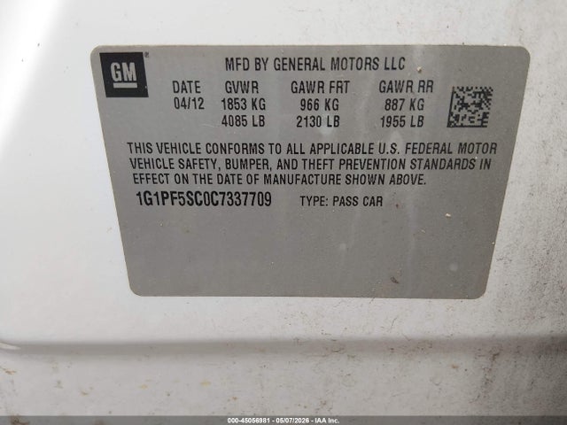 Продаж на аукціоні авто 2012 Chevrolet Cruze 1lt, vin: 1G1PF5SC0C7337709, номер лоту: 45056981