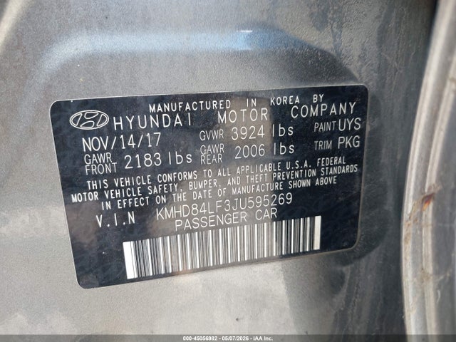 2018 Hyundai Elantra Value Edition მანქანა იყიდება აუქციონზე, vin: KMHD84LF3JU595269, აუქციონის ნომერი: 45056982