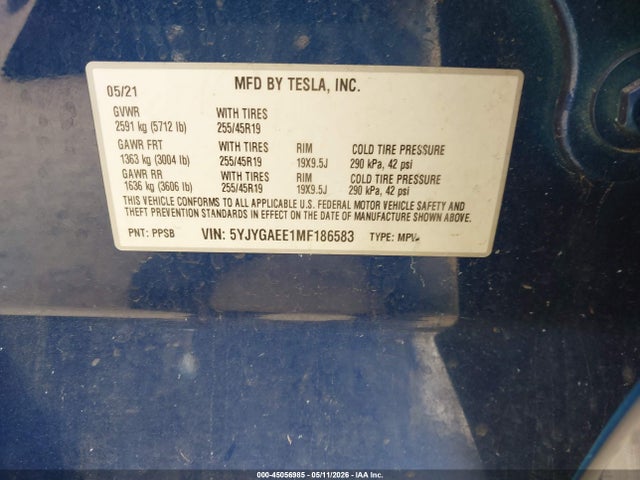 Продажа на аукционе авто 2021 Tesla Model Y Long Range Dual Motor All-wheel Drive, vin: 5YJYGAEE1MF186583, номер лота: 45056985