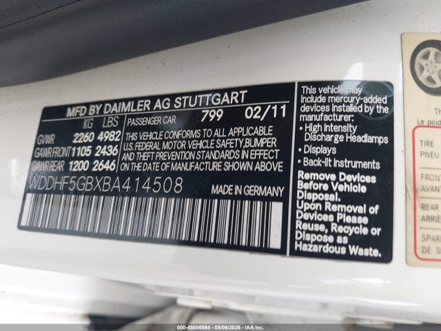 Aukcja sprzedaży 2011 Mercedes-benz E 350, vin: WDDHF5GBXBA414508, numer aukcji: 45056994