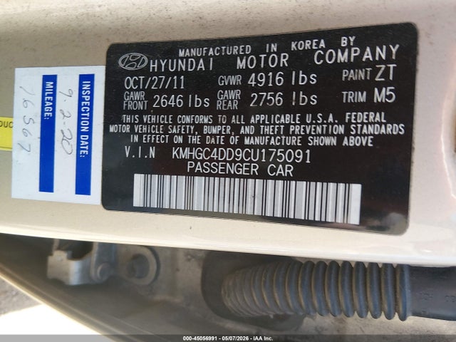 45056991 :رقم المزاد ، KMHGC4DD9CU175091 vin ، 2012 Hyundai Genesis 3.8 مزاد بيع