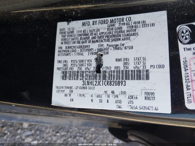 45057003 :رقم المزاد ، 3LNHL2JC1CR820893 vin ، 2012 Lincoln Mkz مزاد بيع