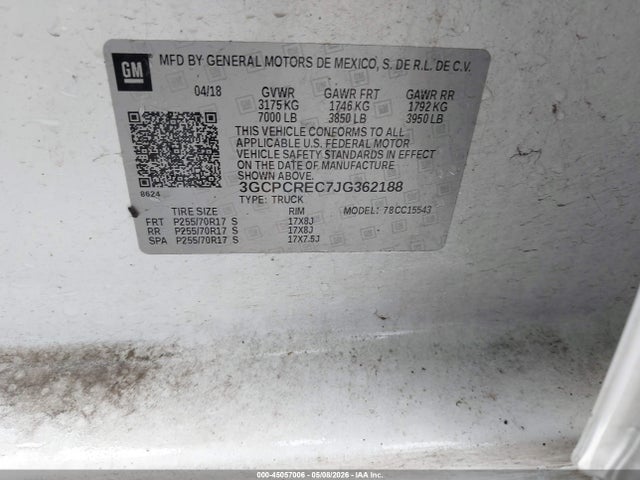 Продаж на аукціоні авто 2018 Chevrolet Silverado 1500 1lt, vin: 3GCPCREC7JG362188, номер лоту: 45057006