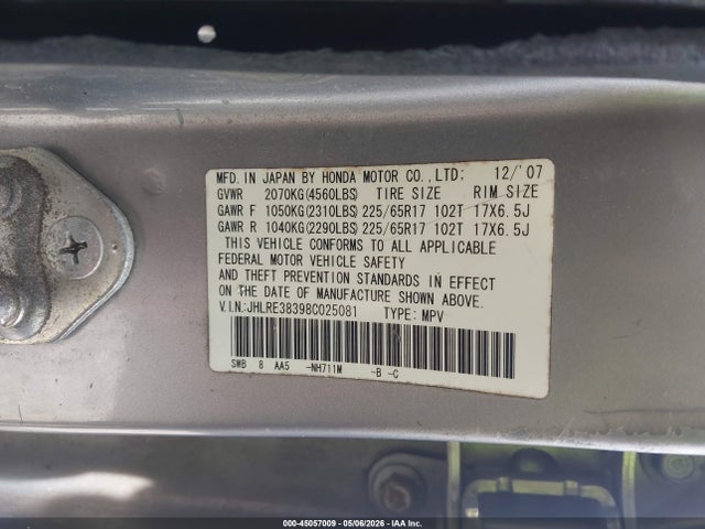 2008 Honda Cr-v Lx მანქანა იყიდება აუქციონზე, vin: JHLRE38398C025081, აუქციონის ნომერი: 45057009