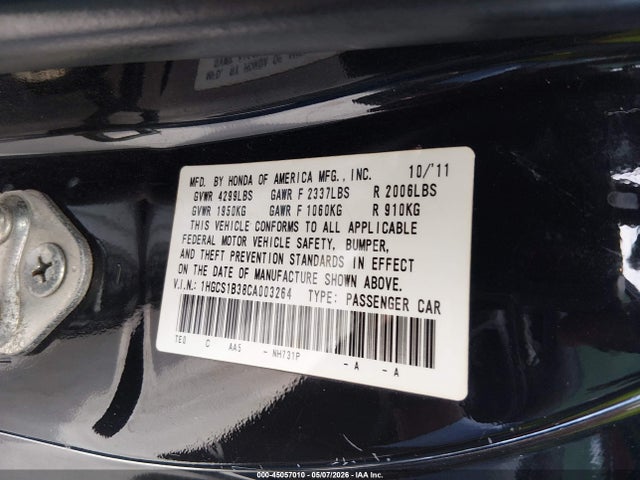 Aukcja sprzedaży 2012 Honda Accord 2.4 Lx-s, vin: 1HGCS1B38CA003264, numer aukcji: 45057010