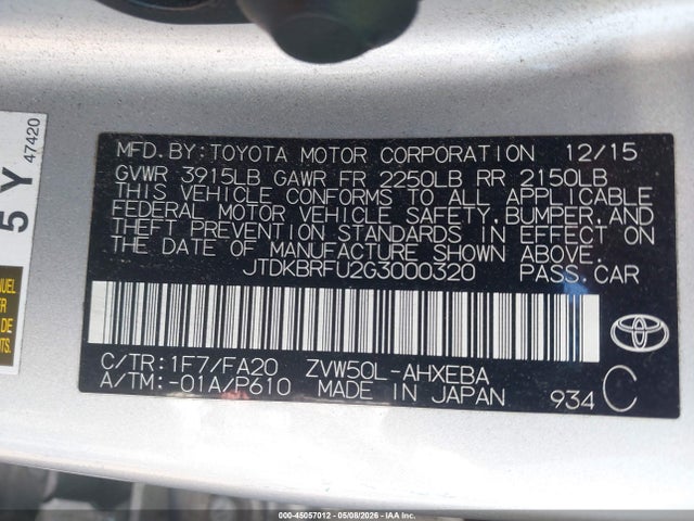 Aukcja sprzedaży 2016 Toyota Prius Two, vin: JTDKBRFU2G3000320, numer aukcji: 45057012