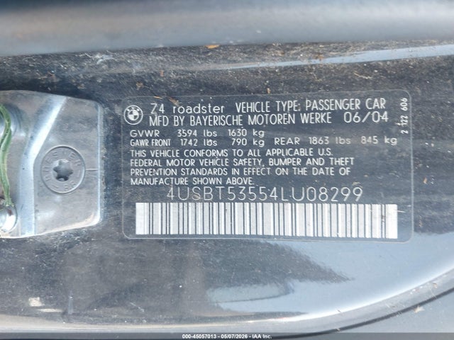 Продажа на аукционе авто 2004 Bmw Z4 3.0i, vin: 4USBT53554LU08299, номер лота: 45057013