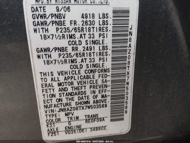 2007 Nissan Murano Sl მანქანა იყიდება აუქციონზე, vin: JN8AZ08TX7W503569, აუქციონის ნომერი: 45057018