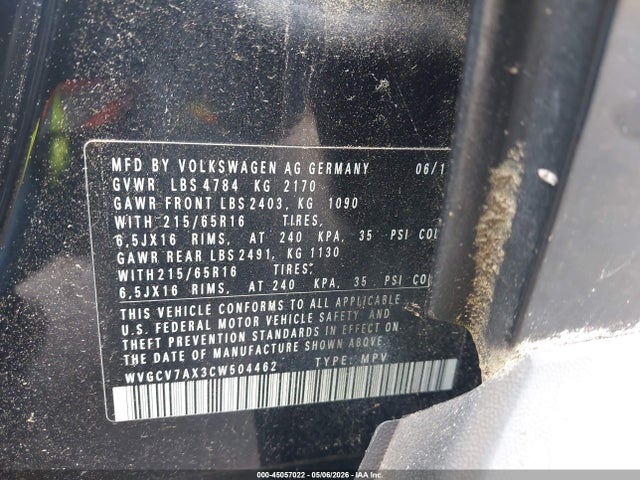 Aukcja sprzedaży 2012 Volkswagen Tiguan S, vin: WVGCV7AX3CW504462, numer aukcji: 45057022