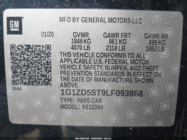 Aukcja sprzedaży 2020 Chevrolet Malibu Fwd Lt, vin: 1G1ZD5ST9LF093868, numer aukcji: 45057038