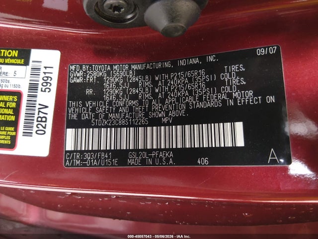Продаж на аукціоні авто 2008 Toyota Sienna Ce, vin: 5TDZK23C88S112265, номер лоту: 45057043