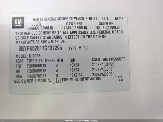 45057048 :رقم المزاد ، 3GYFK62817G137295 vin ، 2007 Cadillac Escalade Ext Standard مزاد بيع