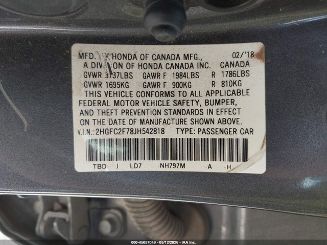 45057049 :رقم المزاد ، 2HGFC2F78JH542818 vin ، 2018 Honda Civic Ex مزاد بيع