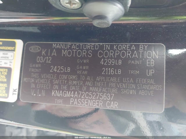 Продажа на аукционе авто 2012 Kia Optima Lx, vin: KNAGM4A72C5275637, номер лота: 45057050