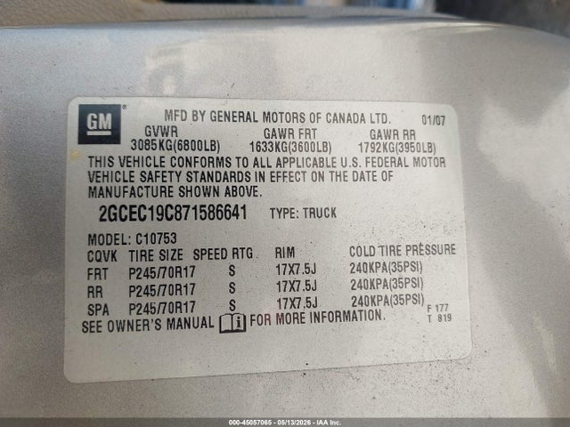 Продаж на аукціоні авто 2007 Chevrolet Silverado 1500 Work Truck, vin: 2GCEC19C871586641, номер лоту: 45057065