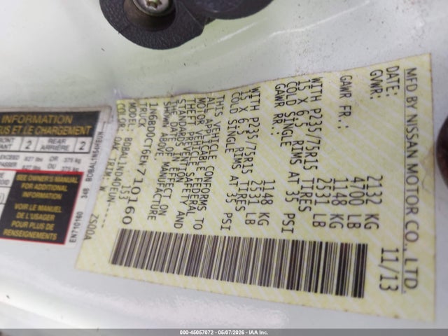 45057072 :رقم المزاد ، 1N6BD0CT6EN710160 vin ، 2014 Nissan Frontier S/sv-i4 مزاد بيع