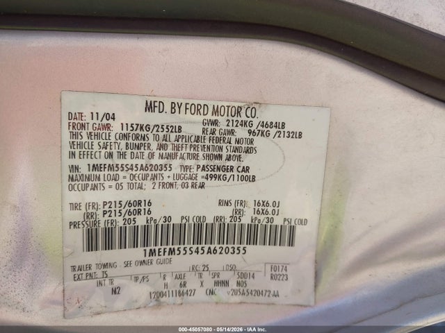 Aukcja sprzedaży 2005 Mercury Sable Ls, vin: 1MEFM55S45A620355, numer aukcji: 45057080