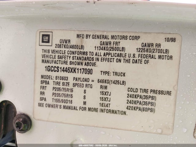 Продажа на аукционе авто 1999 Chevrolet S-10, vin: 1GCCS1446XK117090, номер лота: 45057092