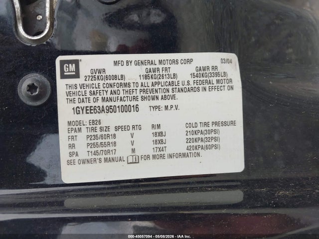 45057094 :رقم المزاد ، 1GYEE63A950100016 vin ، 2005 Cadillac Srx V8 مزاد بيع