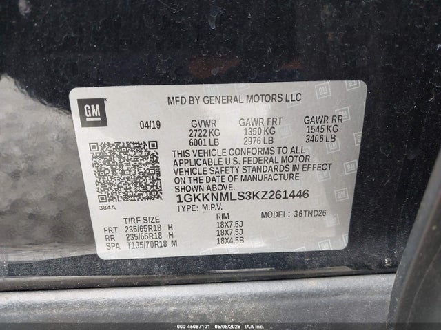 45057101 :رقم المزاد ، 1GKKNMLS3KZ261446 vin ، 2019 Gmc Acadia Slt-1 مزاد بيع