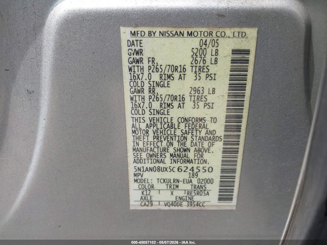 Aukcja sprzedaży 2005 Nissan Xterra S, vin: 5N1AN08UX5C624550, numer aukcji: 45057102