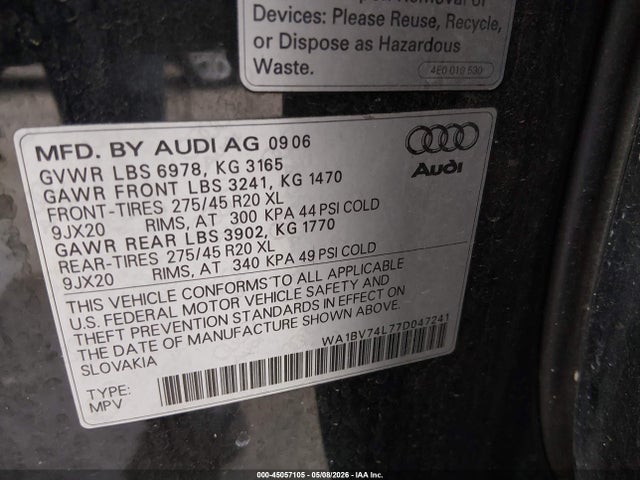 45057105 :رقم المزاد ، WA1BV74L77D047241 vin ، 2007 Audi Q7 4.2 Premium مزاد بيع