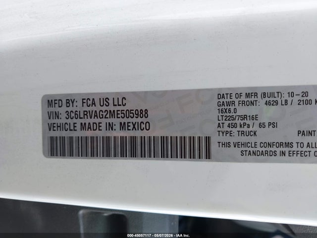 Продаж на аукціоні авто 2021 Ram Promaster 1500 Low Roof 136 Wb, vin: 3C6LRVAG2ME505988, номер лоту: 45057117