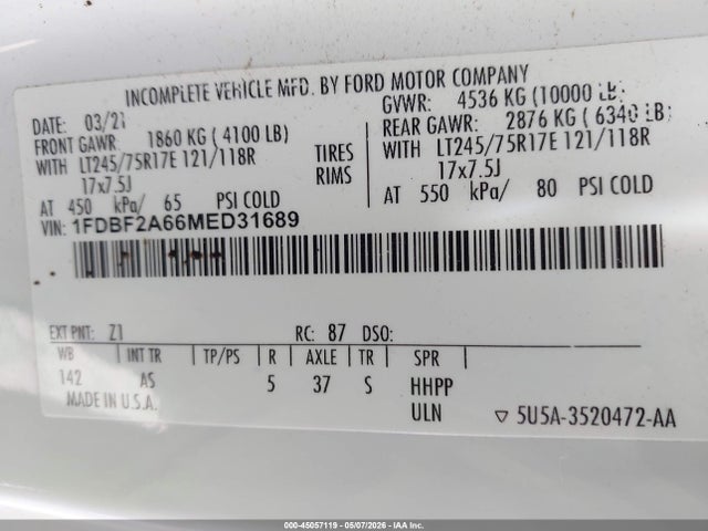45057119 :رقم المزاد ، 1FDBF2A66MED31689 vin ، 2021 Ford F-250 Xl مزاد بيع