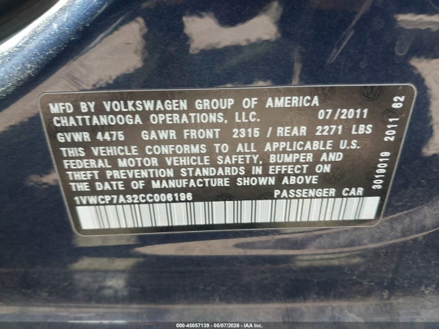 2012 Volkswagen Passat 2.5l Sel Premium მანქანა იყიდება აუქციონზე, vin: 1VWCP7A32CC006196, აუქციონის ნომერი: 45057139
