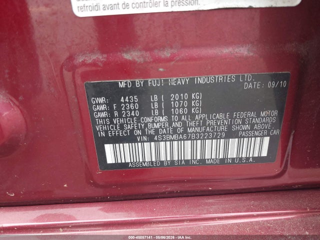 Aukcja sprzedaży 2011 Subaru Legacy 2.5i, vin: 4S3BMBA67B3223729, numer aukcji: 45057141
