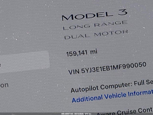 45057145 :رقم المزاد ، 5YJ3E1EB1MF990050 vin ، 2021 Tesla Model 3 Long Range مزاد بيع