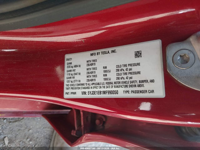 45057145 :رقم المزاد ، 5YJ3E1EB1MF990050 vin ، 2021 Tesla Model 3 Long Range مزاد بيع