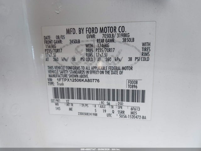 Продажа на аукционе авто 2006 Ford F-150 Lariat/xl/xlt, vin: 1FTPX12506KA80776, номер лота: 45057147