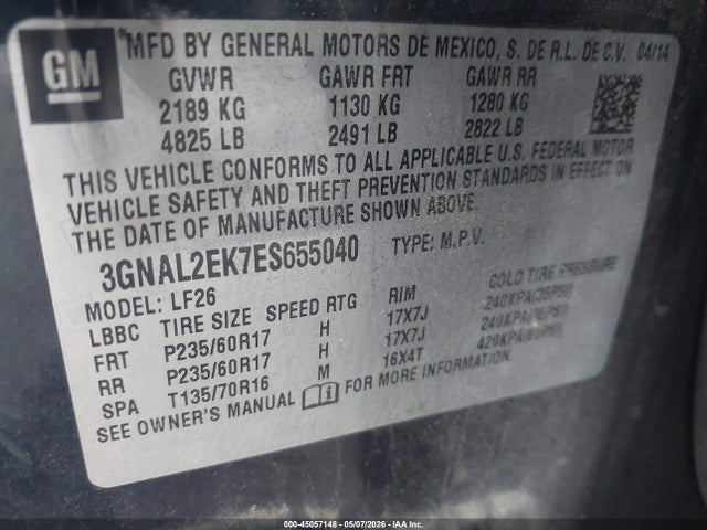2014 Chevrolet Captiva Sport 2ls მანქანა იყიდება აუქციონზე, vin: 3GNAL2EK7ES655040, აუქციონის ნომერი: 45057148
