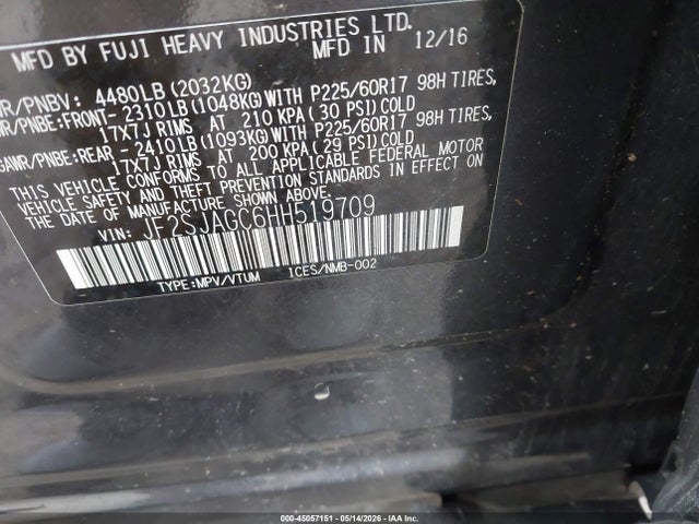 2017 Subaru Forester 2.5i Premium მანქანა იყიდება აუქციონზე, vin: JF2SJAGC6HH519709, აუქციონის ნომერი: 45057151