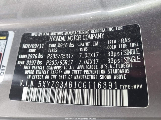 45057153 :رقم المزاد ، 5XYZG3AB1CG116391 vin ، 2012 Hyundai Santa Fe Gls مزاد بيع