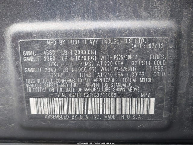 Aukcja sprzedaży 2013 Subaru Outback 2.5i Premium, vin: 4S4BRBGC5D3211009, numer aukcji: 45057155