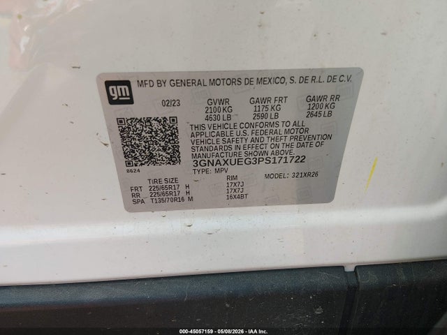 Продажа на аукционе авто 2023 Chevrolet Equinox Awd Lt, vin: 3GNAXUEG3PS171722, номер лота: 45057159