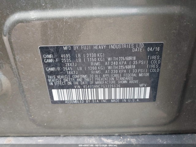 2016 Subaru Outback 2.5i Limited მანქანა იყიდება აუქციონზე, vin: 4S4BSANC7G3326636, აუქციონის ნომერი: 45057168