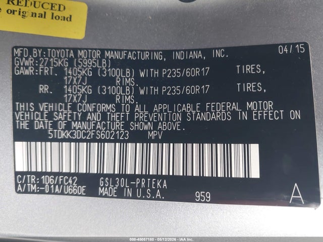 45057180 :رقم المزاد ، 5TDKK3DC2FS602123 vin ، 2015 Toyota Sienna Le 8 Passenger مزاد بيع