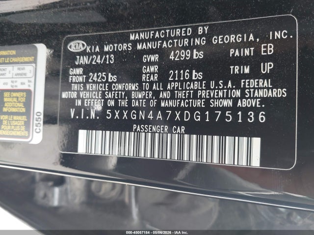 2013 Kia Optima Ex მანქანა იყიდება აუქციონზე, vin: 5XXGN4A7XDG175136, აუქციონის ნომერი: 45057184