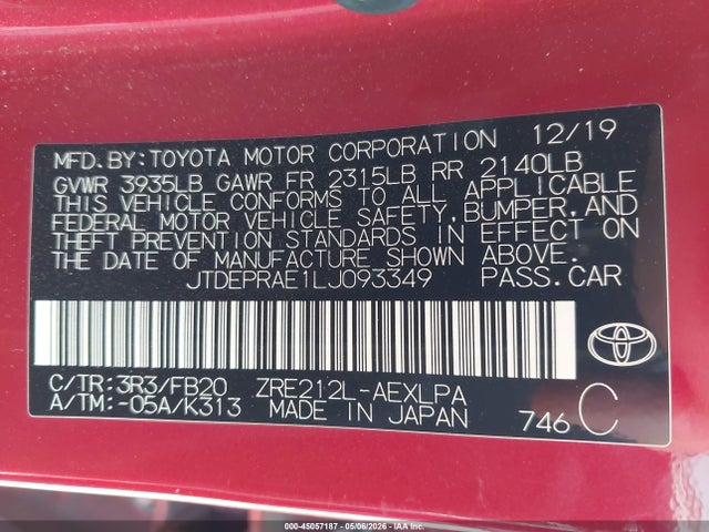 Продаж на аукціоні авто 2020 Toyota Corolla Le, vin: JTDEPRAE1LJ093349, номер лоту: 45057187