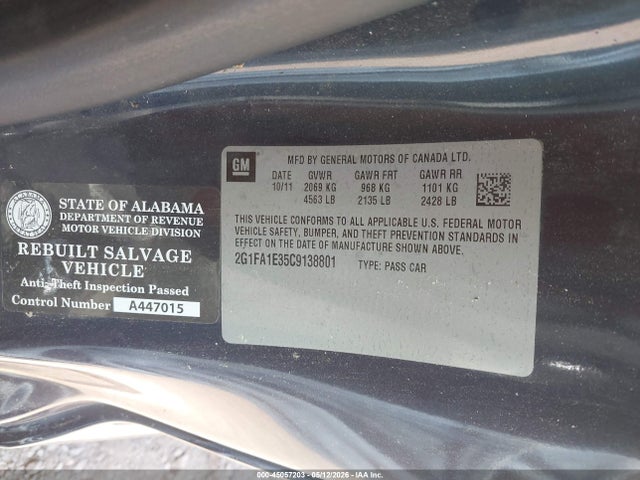 2012 Chevrolet Camaro 2ls მანქანა იყიდება აუქციონზე, vin: 2G1FA1E35C9138801, აუქციონის ნომერი: 45057203