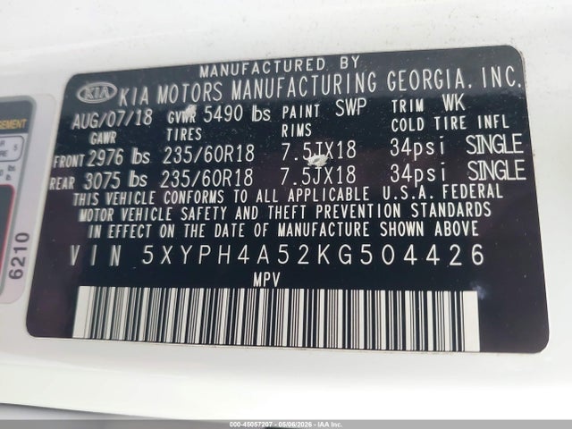 45057207 :رقم المزاد ، 5XYPH4A52KG504426 vin ، 2019 Kia Sorento 3.3l Ex مزاد بيع