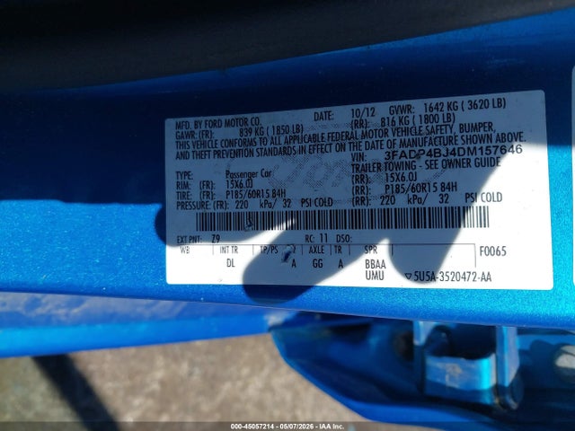 2013 Ford Fiesta Se მანქანა იყიდება აუქციონზე, vin: 3FADP4BJ4DM157646, აუქციონის ნომერი: 45057214