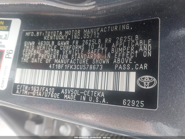 2012 Toyota Camry L მანქანა იყიდება აუქციონზე, vin: 4T1BF1FK3CU578673, აუქციონის ნომერი: 45057215