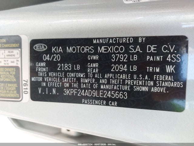 2020 Kia Forte Lxs მანქანა იყიდება აუქციონზე, vin: 3KPF24AD9LE245663, აუქციონის ნომერი: 45057224