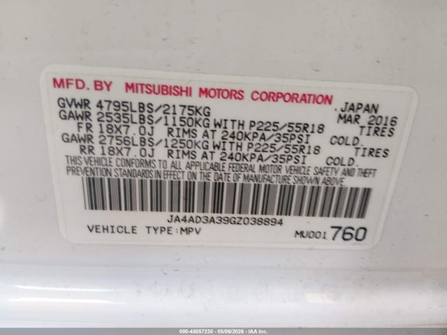 45057230 :رقم المزاد ، JA4AD3A39GZ038894 vin ، 2016 Mitsubishi Outlander Sel مزاد بيع
